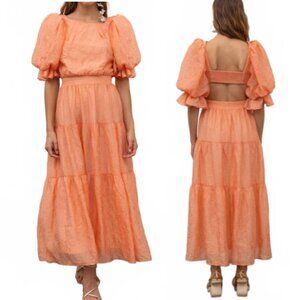 Moon River Molly Puff Sleeve Shirred Tiered Midi Dress Peach Orange Small